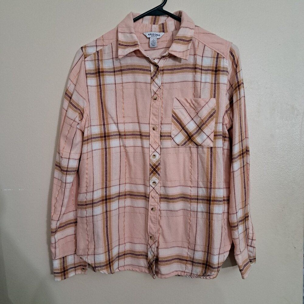 Sz S Small ARIZONA Women’s Long Sleeve Button Down Peach Plaid Flannel Top Shirt